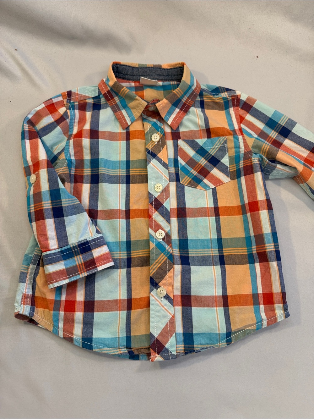 Gymboree Plaid Button-Down Shirt in Blue, Orange & Yellow - roll up sleeves